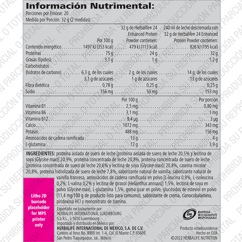 Herbalife® 24 Enhanced Protein Powder - Polvo con proteína de liberación prolongada con aminoácidos y vitaminas del complejo B sabor natural 640 g