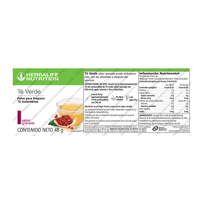 Té Verde Polvo para preparar té instantaneo sabor Granada 48 g